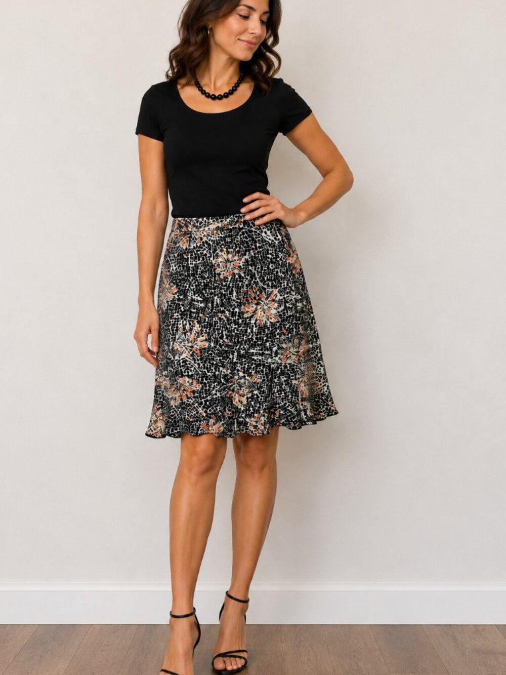 BCBG Paris Skirt Women XL Black Modern Abstract Geometric Floral Flare 2010s